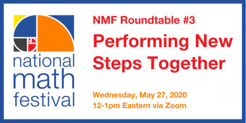 National Math Festival logo: NMF Roundtable #3, Performing New Steps Together; Wednesday, May 27, 2020, 12-1pm Eastern via Zoom