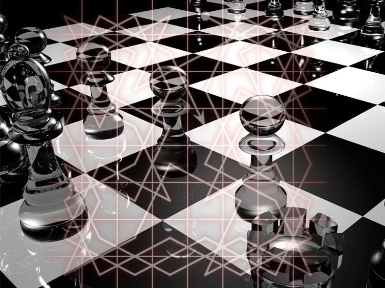 Illustration of a chess board with geometrical lines overlaid