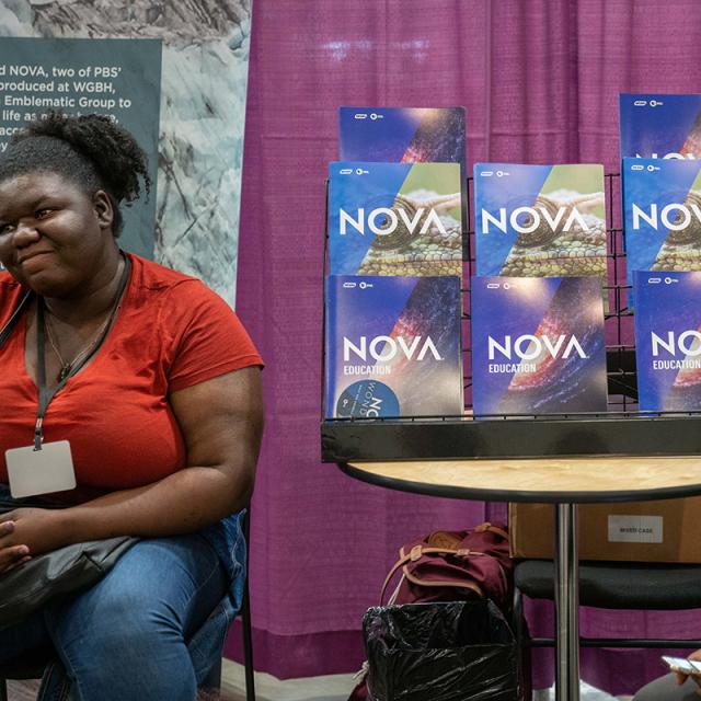 Woman sitting by NOVA display at 2019 Festival